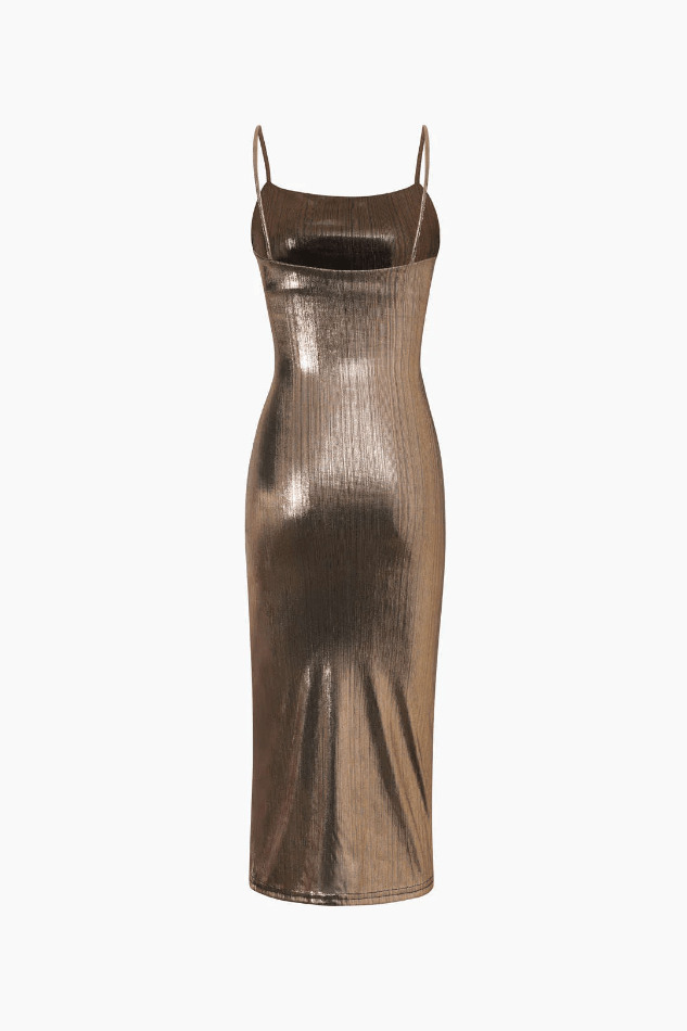Y2K Metallic Ruched Slit Midi Dress - Coquette Aesthetic with Grunge & Old Money Style