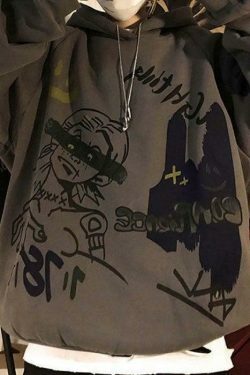 Y2K Oversize Graffiti Print Hoodie - Coquette Aesthetic, Grunge Style, Cute Tops, Pastel Goth