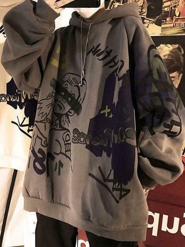 Y2K Oversize Graffiti Print Hoodie - Coquette Aesthetic, Grunge Style, Cute Tops, Pastel Goth