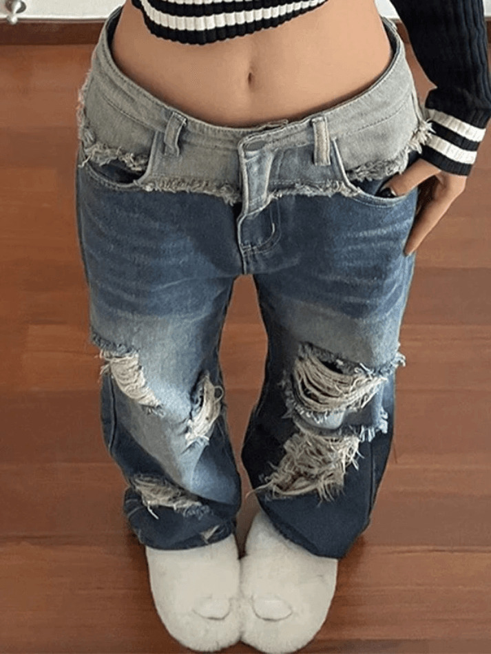 Y2K Patchwork Distressed Straight Leg Ripped Jeans - Vintage Aesthetic Denim for Women