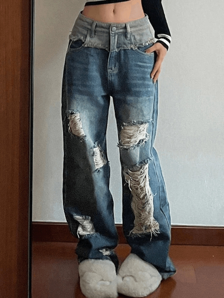 Y2K Patchwork Distressed Straight Leg Ripped Jeans - Vintage Aesthetic Denim for Women