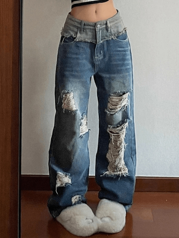 Y2K Patchwork Distressed Straight Leg Ripped Jeans - Vintage Aesthetic Denim for Women