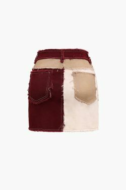 Y2K Patchwork Frayed Mini Skirt - Coquette Aesthetic Grunge Style - Cute Cargo Skirt for Women