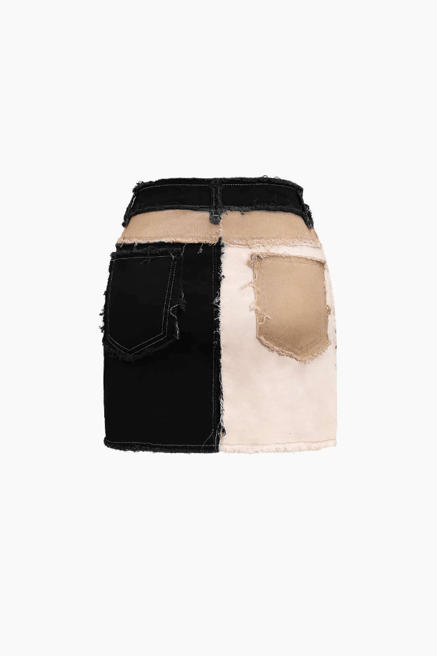 Y2K Patchwork Frayed Mini Skirt - Coquette Aesthetic Grunge Style - Cute Cargo Skirt for Women