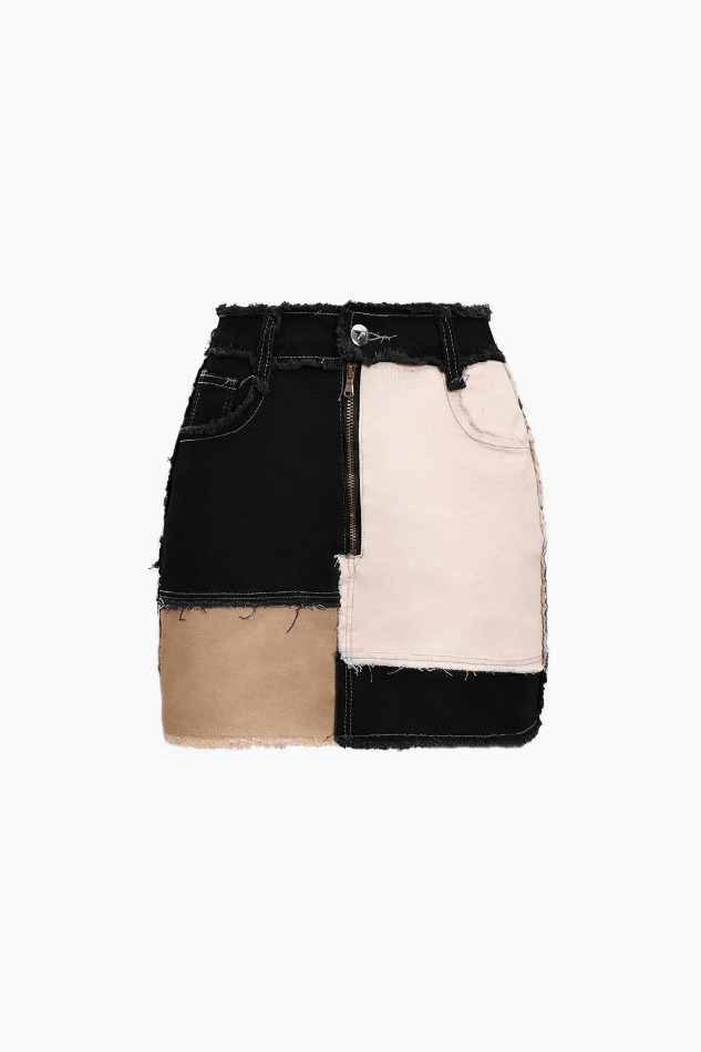 Y2K Patchwork Frayed Mini Skirt - Coquette Aesthetic Grunge Style - Cute Cargo Skirt for Women