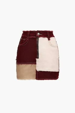 Y2K Patchwork Frayed Mini Skirt - Coquette Aesthetic Grunge Style - Cute Cargo Skirt for Women