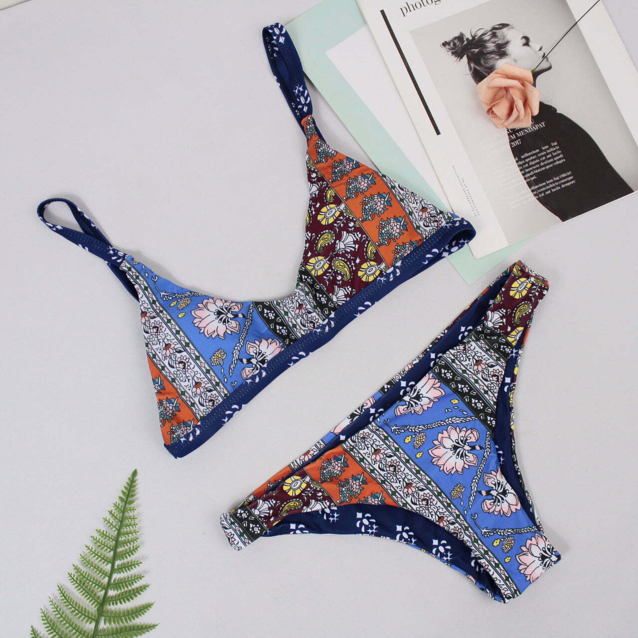 Y2K Patchwork Print Bralette Bikini Set - Trendy Scoop Neck Women's Fashion