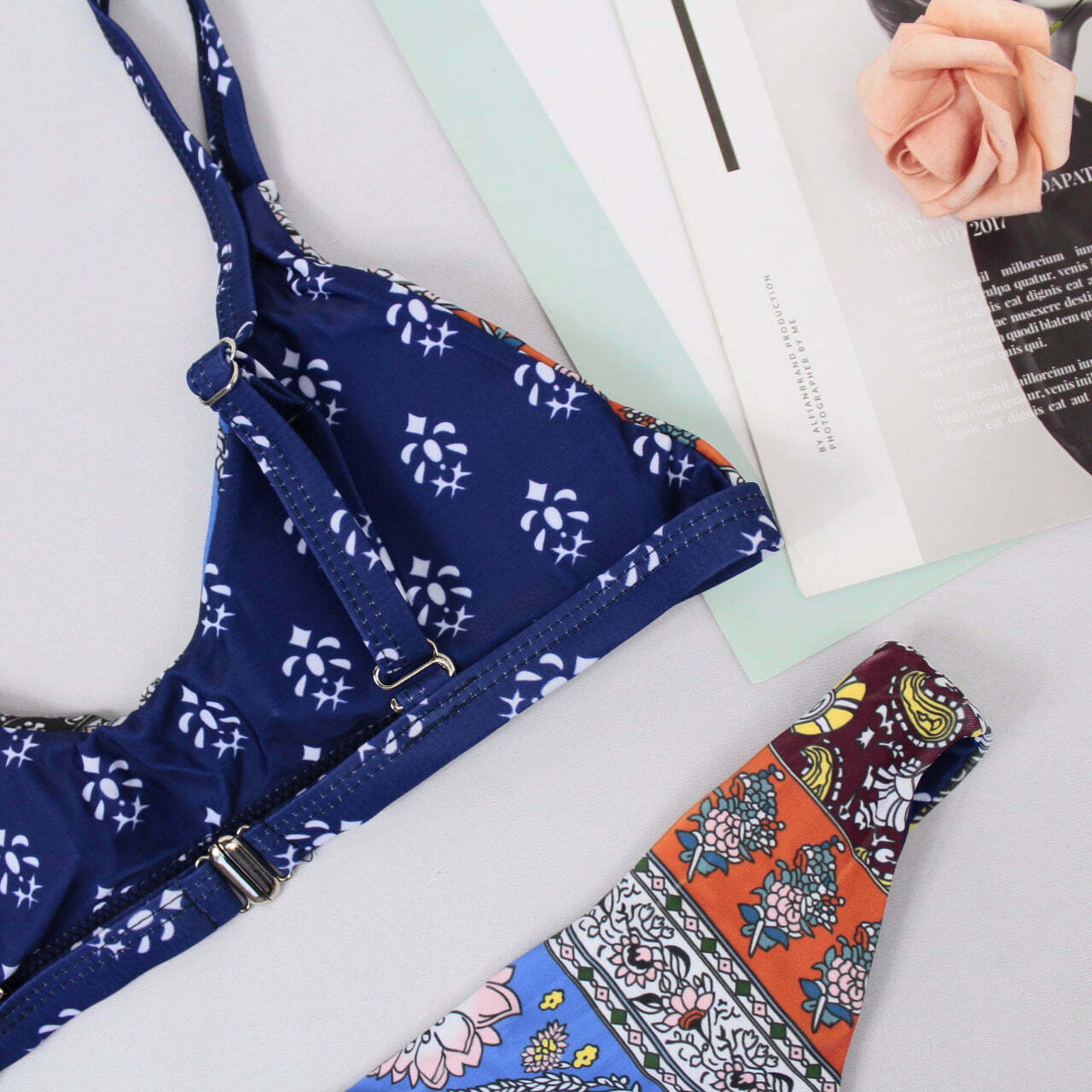Y2K Patchwork Print Bralette Bikini Set - Trendy Scoop Neck Women's Fashion