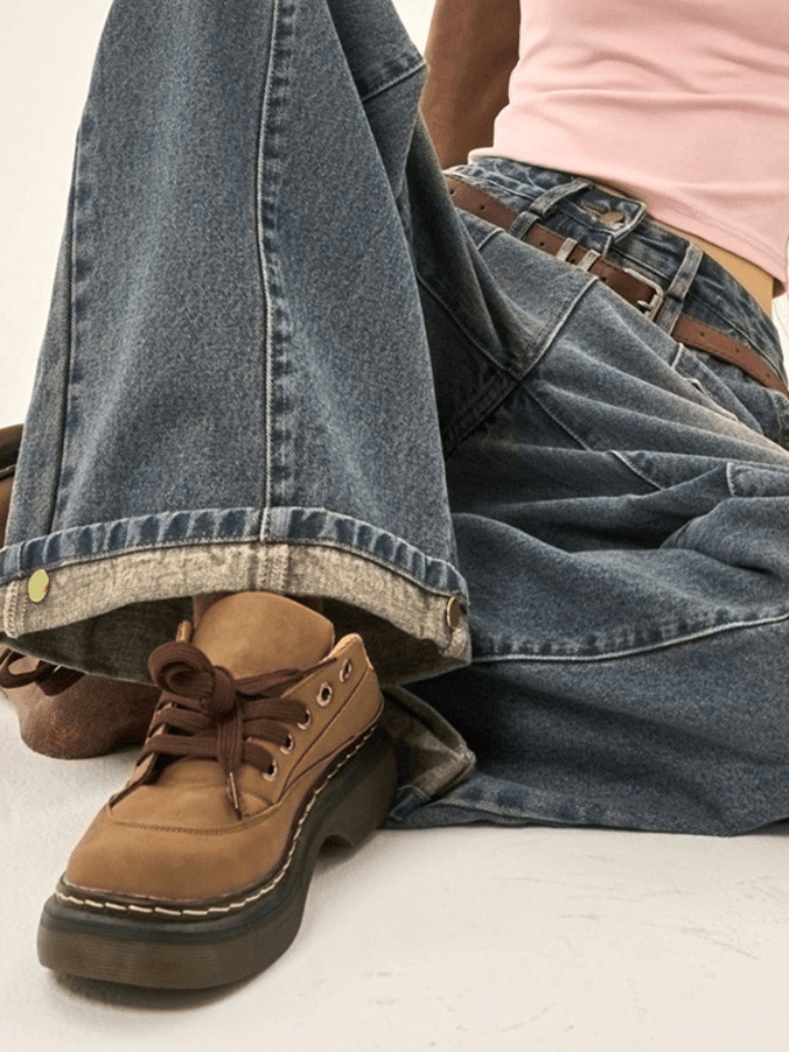 Y2K Patchwork Straight Loose Boyfriend Jeans - Coquette Aesthetic Grunge Style Cargo Skirt