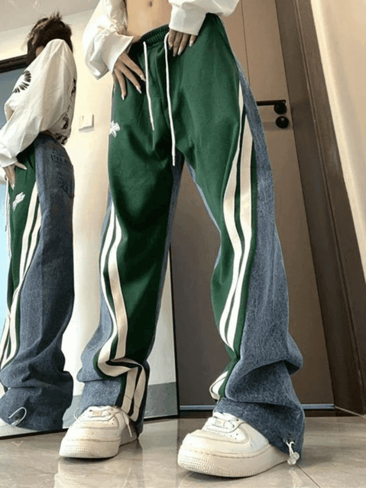 Y2K Patchwork Striped Baggy Boyfriend Jeans - Coquette Aesthetic Grunge Style Women's Fashion