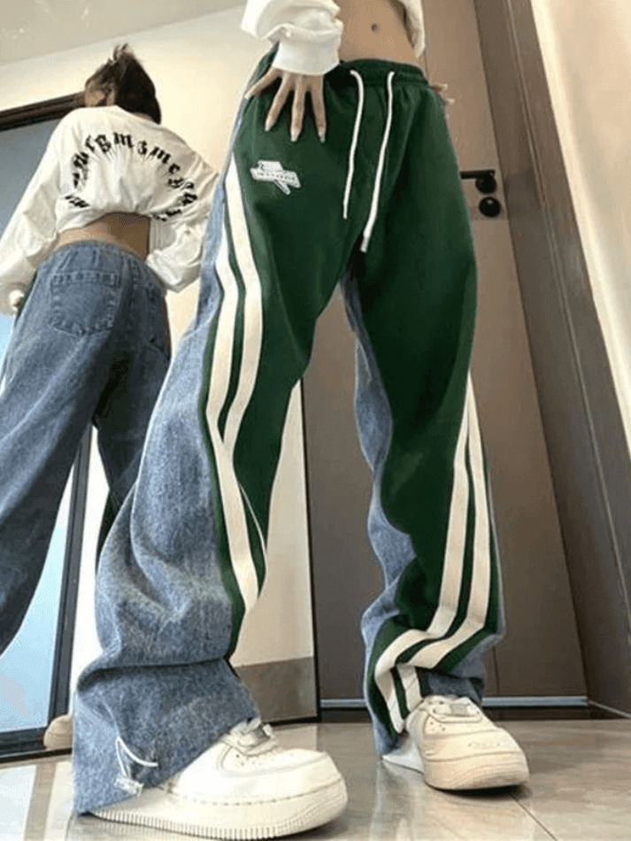 Y2K Patchwork Striped Baggy Boyfriend Jeans - Coquette Aesthetic Grunge Style Women's Fashion