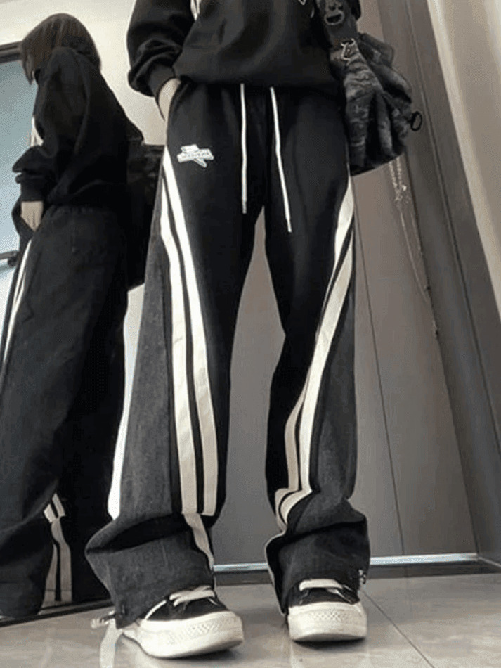 Y2K Patchwork Striped Baggy Boyfriend Jeans - Coquette Aesthetic Grunge Style Women's Fashion