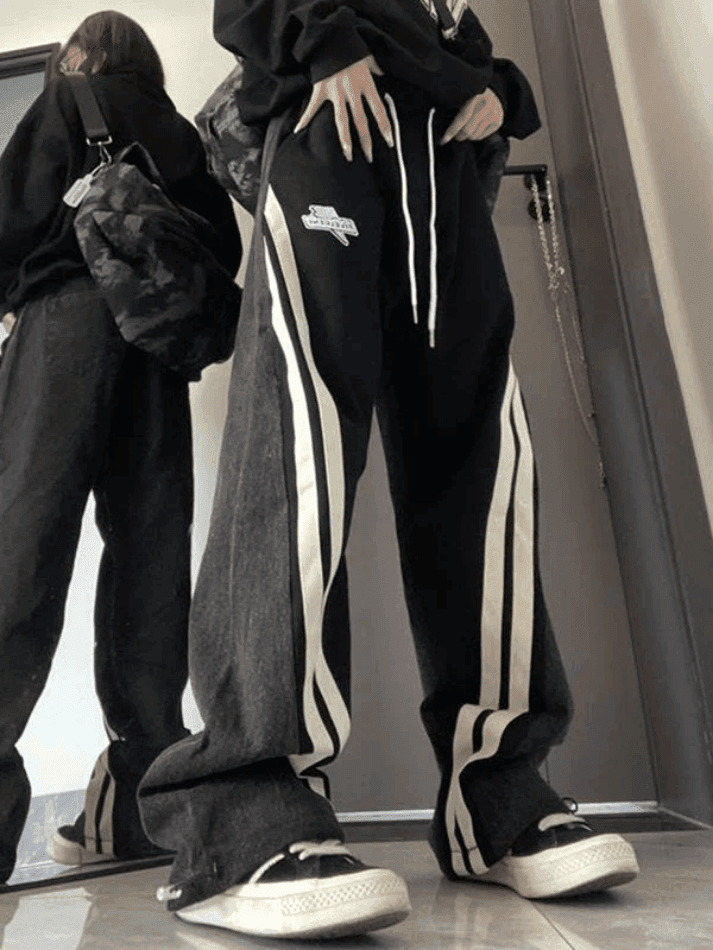 Y2K Patchwork Striped Baggy Boyfriend Jeans - Coquette Aesthetic Grunge Style Women's Fashion