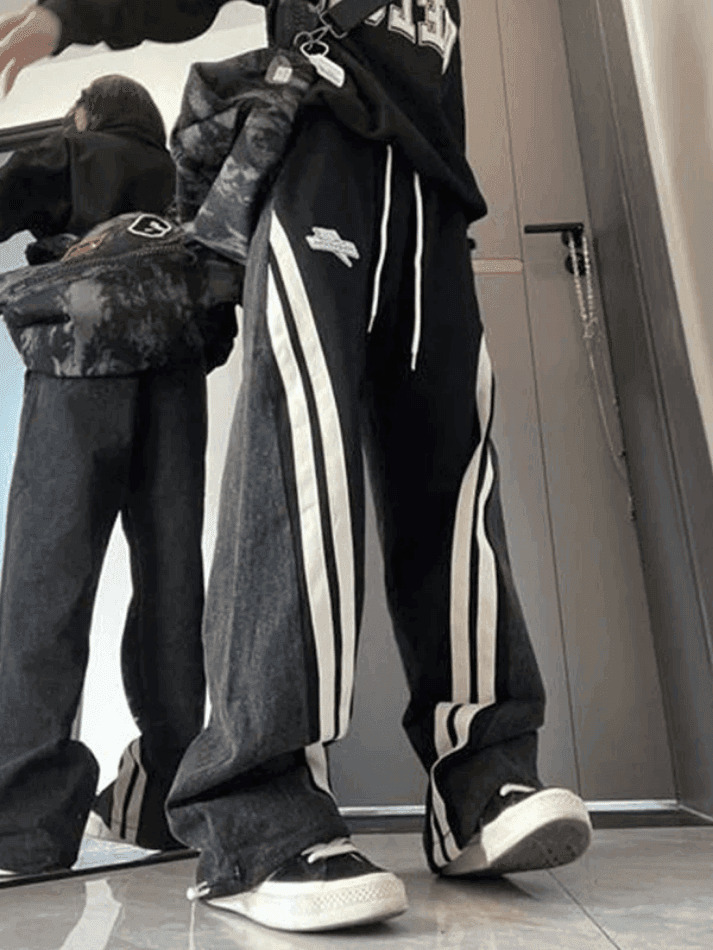 Y2K Patchwork Striped Baggy Boyfriend Jeans - Coquette Aesthetic Grunge Style Women's Fashion