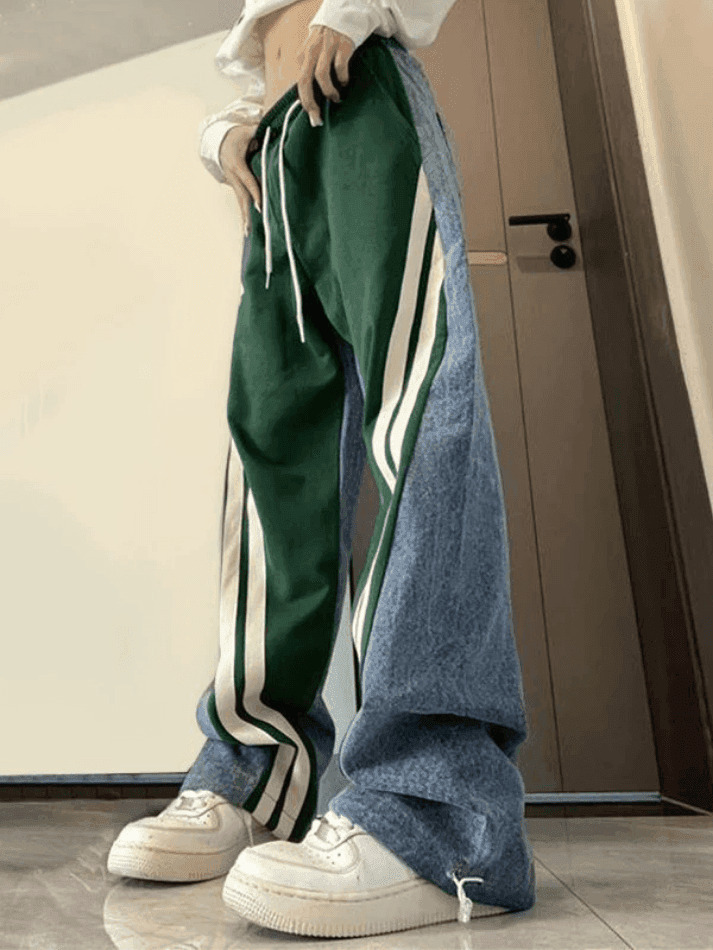 Y2K Patchwork Striped Baggy Boyfriend Jeans - Coquette Aesthetic Grunge Style Women's Fashion