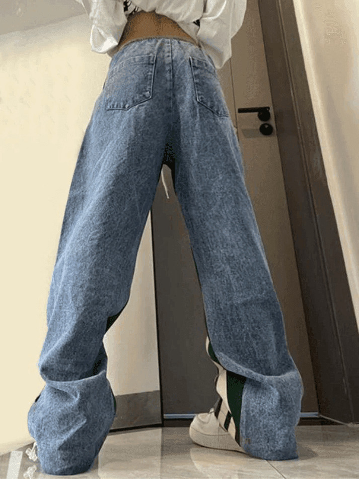 Y2K Patchwork Striped Baggy Boyfriend Jeans - Coquette Aesthetic Grunge Style Women's Fashion
