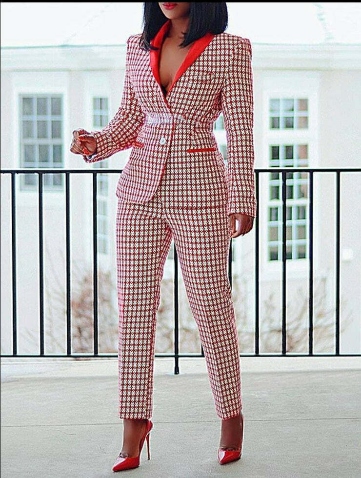 Y2K Plaid Casual Blazer Suit for Women - Coquette Aesthetic Grunge Style