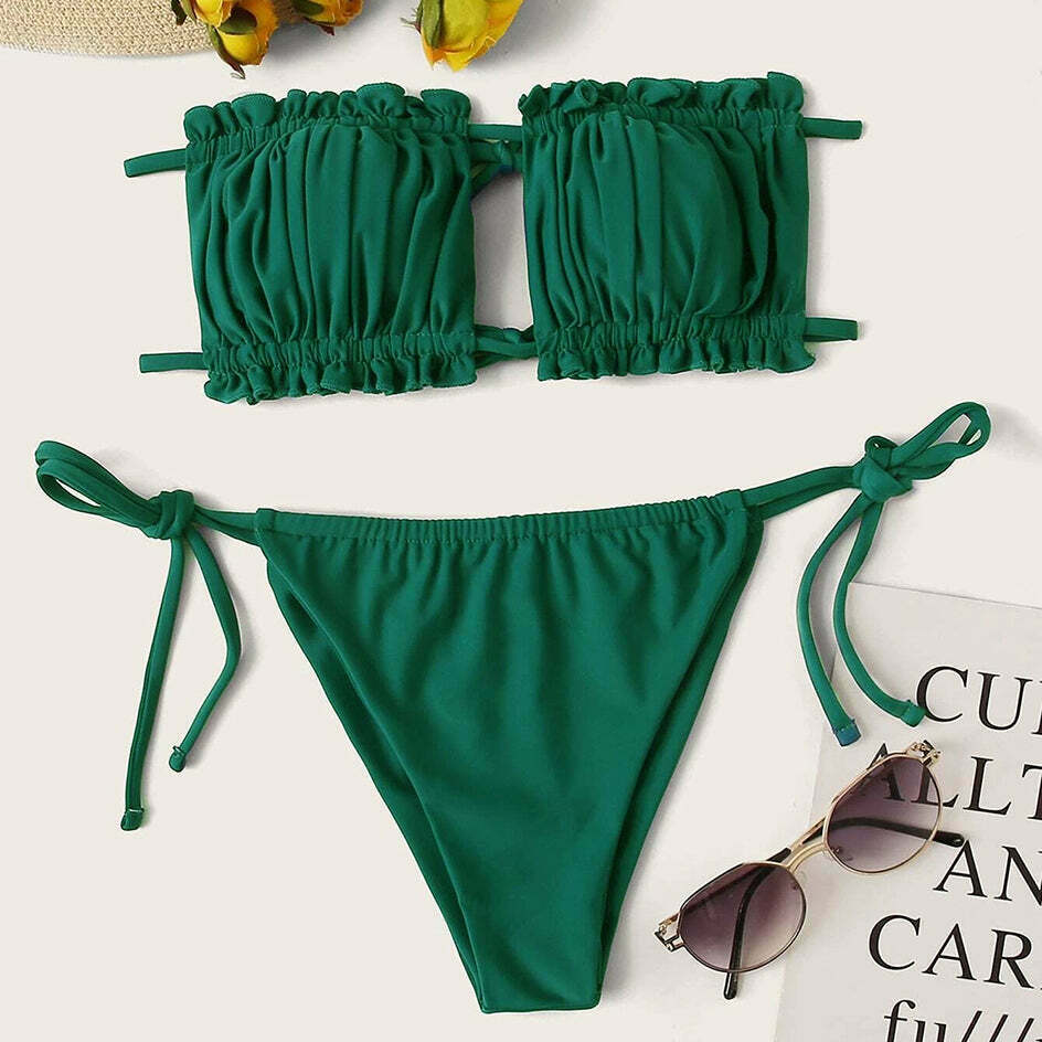 Y2K Pleated Bandeau Bikini: Coquette Aesthetic, Grunge Style, Pastel Goth, Cute Tops, Cargo Skirt