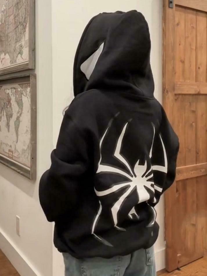 Y2K Punk Spider Print Oversized Hoodie for Women - Coquette Aesthetic Grunge Style Fashion