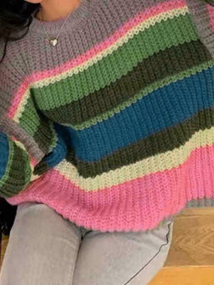 Y2K Rainbow Stripe Knit Sweater: Coquette Aesthetic, Grunge Style, Past