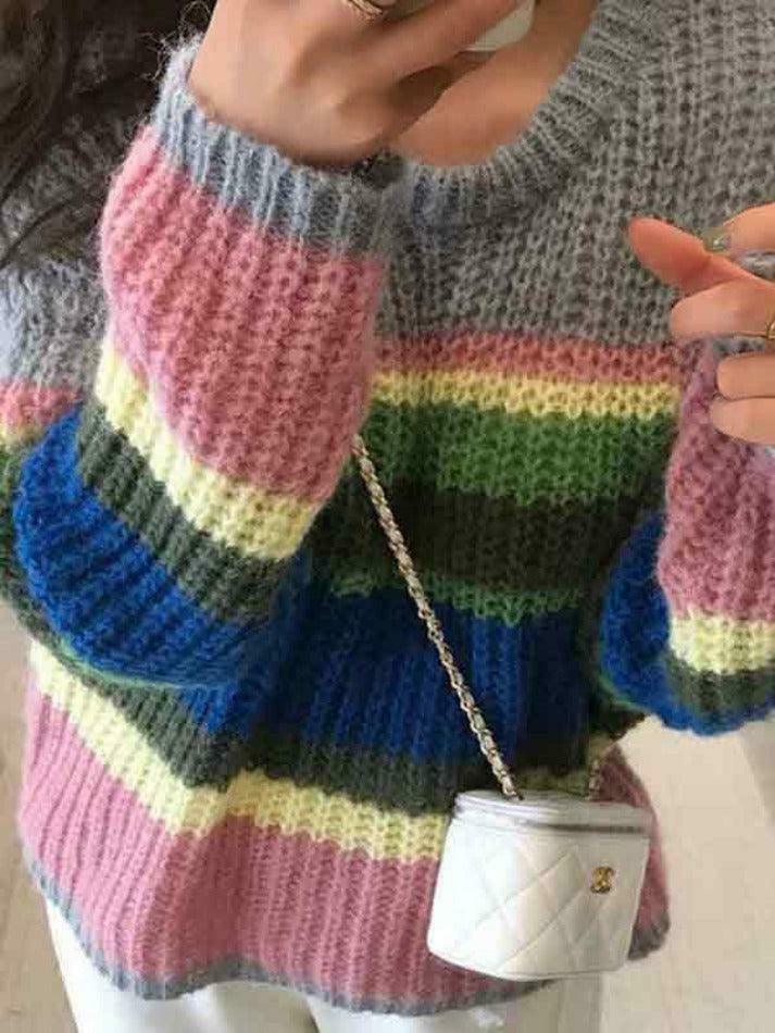 Y2K Rainbow Stripe Knit Sweater: Coquette Aesthetic, Grunge Style, Past