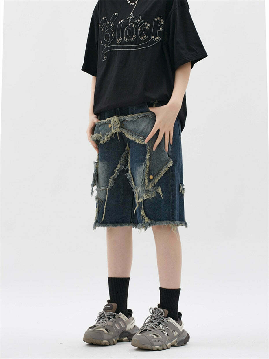 Y2K Raw Hem Star Jorts: Coquette Aesthetic Grunge Style Cargo Skirt