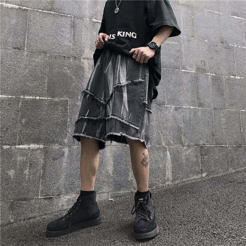 Y2K Rebellion Frayed Denim Shorts - Coquette Aesthetic Grunge Style Cargo Skirt