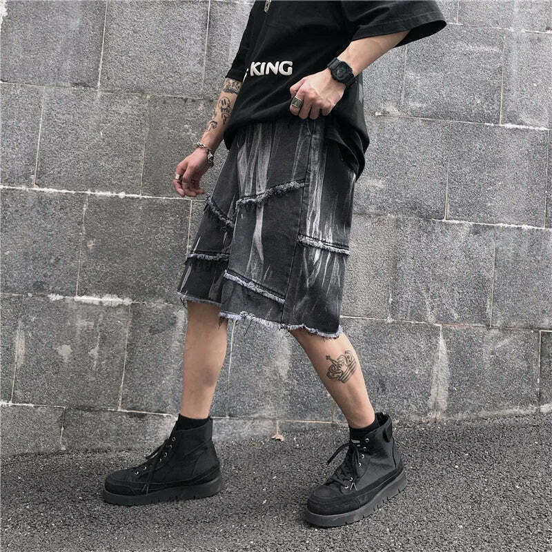 Y2K Rebellion Frayed Denim Shorts - Coquette Aesthetic Grunge Style Cargo Skirt