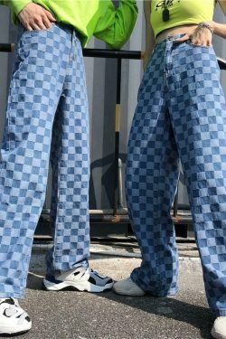 Y2K Retro Blue Checkered Denim Loose Pants - Coquette Aesthetic Grunge Style Cargo Skirt