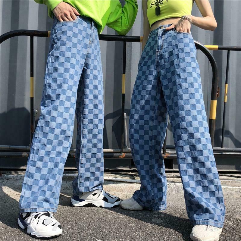 Y2K Retro Blue Checkered Denim Loose Pants - Coquette Aesthetic Grunge Style Cargo Skirt