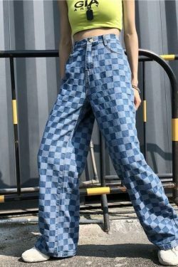 Y2K Retro Blue Checkered Denim Loose Pants - Coquette Aesthetic Grunge Style Cargo Skirt