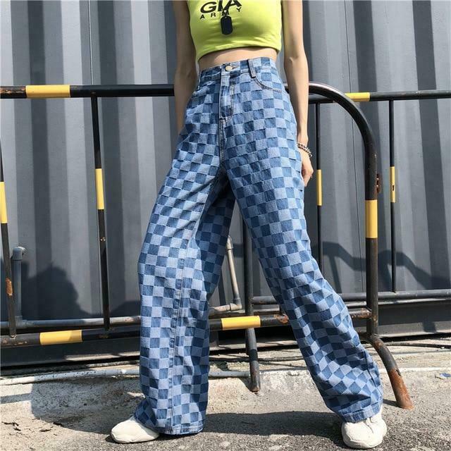 Y2K Retro Blue Checkered Denim Loose Pants - Coquette Aesthetic Grunge Style Cargo Skirt