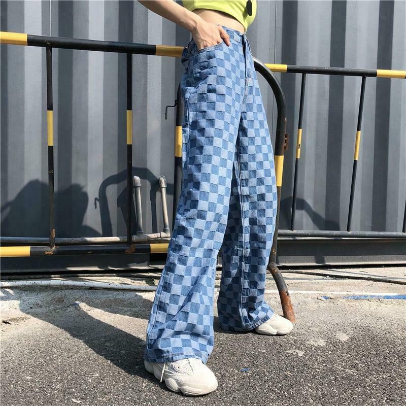 Y2K Retro Blue Checkered Denim Loose Pants - Coquette Aesthetic Grunge Style Cargo Skirt