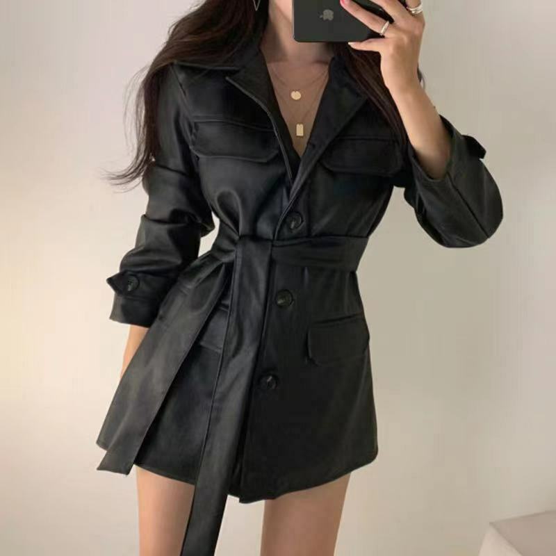 Y2K Retro Lace-Up PU Leather Jacket for Women - Coquette Aesthetic Grunge Style Fashion
