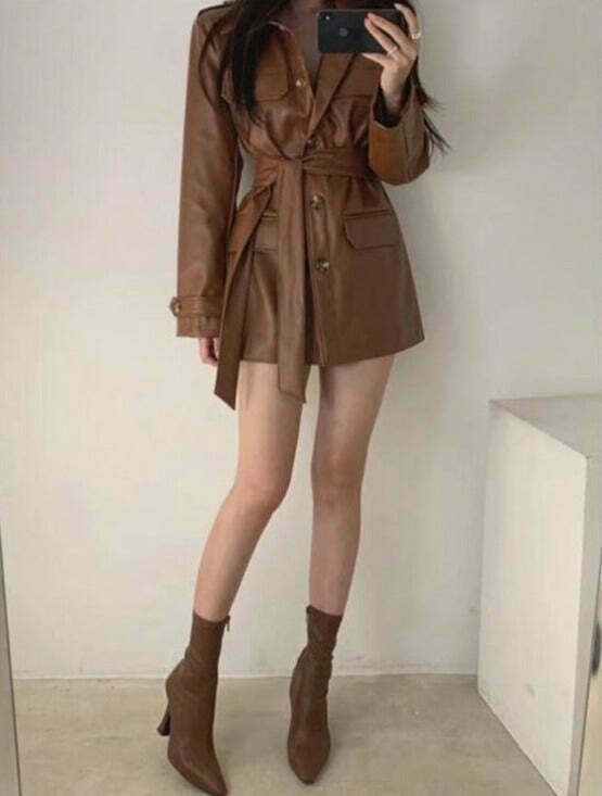 Y2K Retro Lace-Up PU Leather Jacket for Women - Coquette Aesthetic Grunge Style Fashion