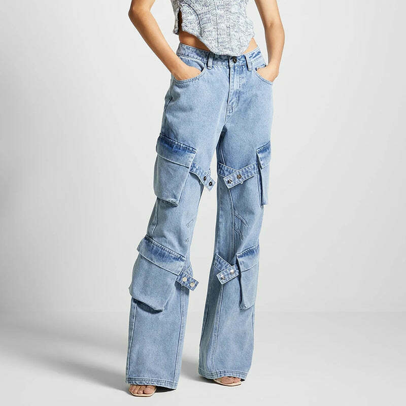 Y2K Retro Multi-Pocket Strap Jeans: Coquette Aesthetic Cargo Skirt Grunge Style Pastel Goth Vibes
