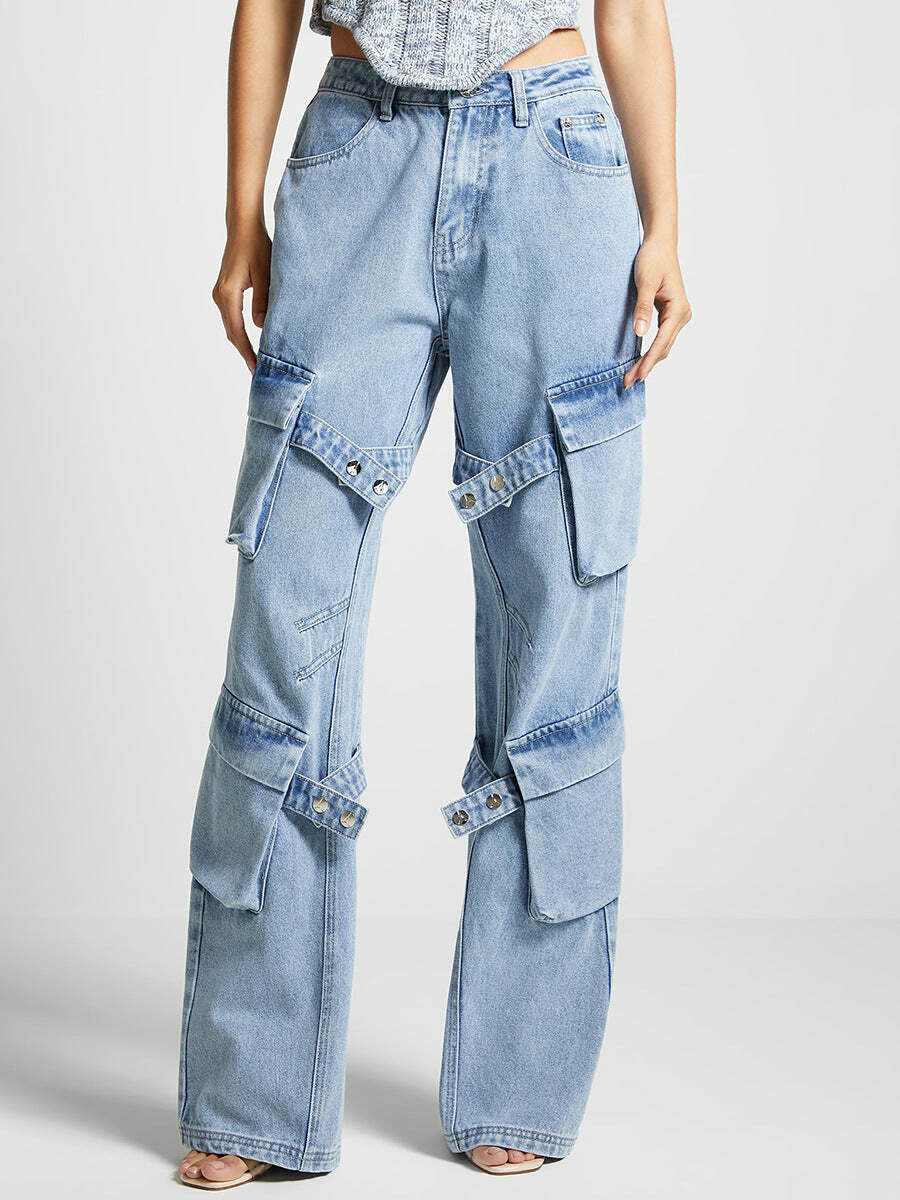 Y2K Retro Multi-Pocket Strap Jeans: Coquette Aesthetic Cargo Skirt Grunge Style Pastel Goth Vibes