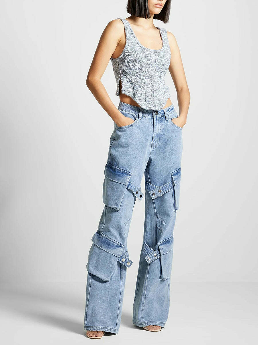 Y2K Retro Multi-Pocket Strap Jeans: Coquette Aesthetic Cargo Skirt Grunge Style Pastel Goth Vibes