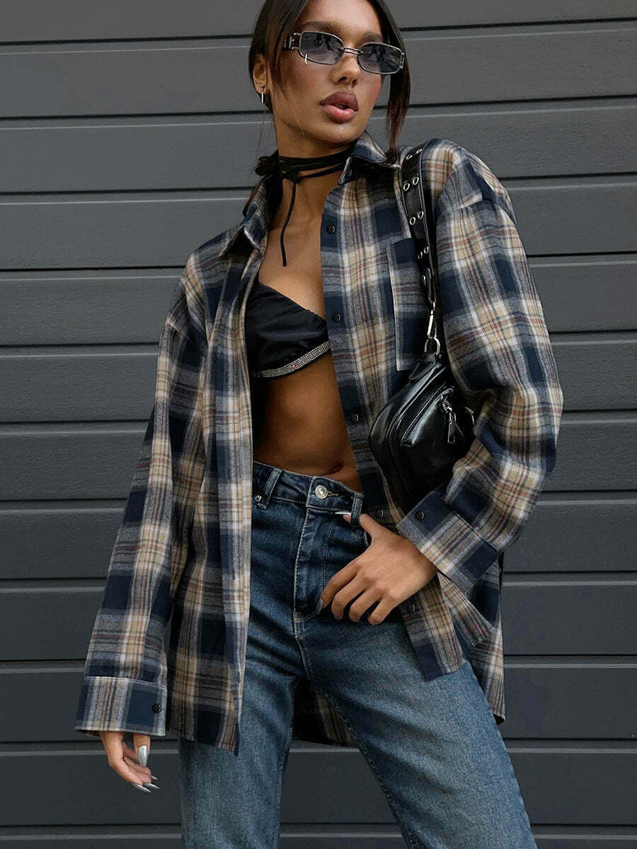 Y2K Retro Plaid Loose Street Shirt for Women - Coquette Aesthetic Grunge Style