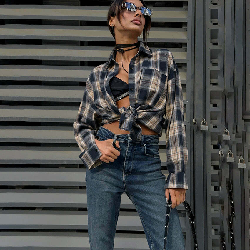 Y2K Retro Plaid Loose Street Shirt for Women - Coquette Aesthetic Grunge Style