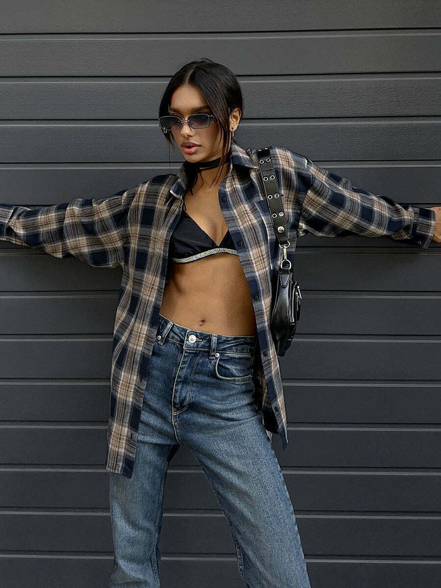 Y2K Retro Plaid Loose Street Shirt for Women - Coquette Aesthetic Grunge Style