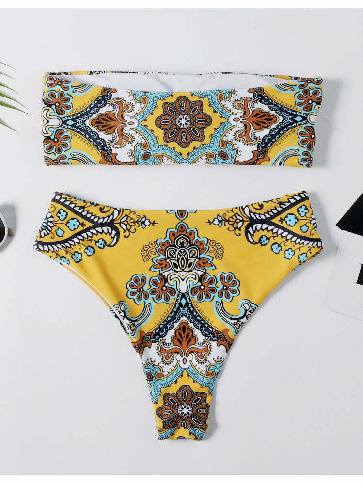 Y2K Retro Print Bandeau Bikini Set - Vintage-inspired Swimwear for Women