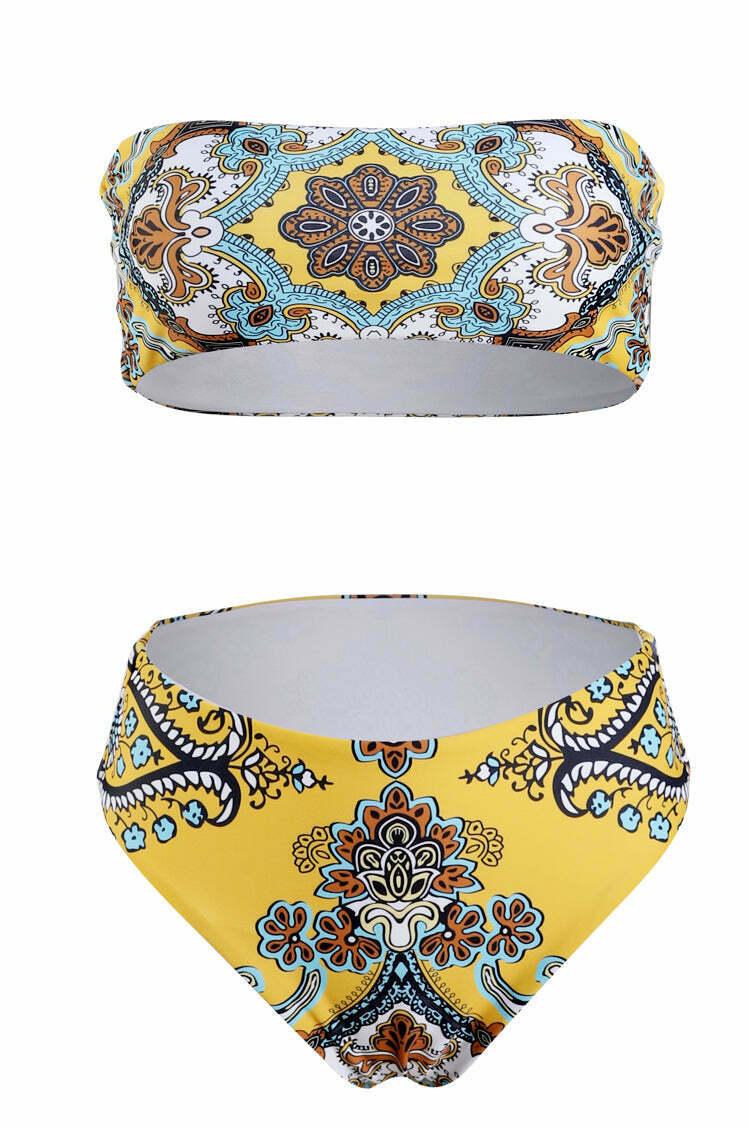 Y2K Retro Print Bandeau Bikini Set - Vintage-inspired Swimwear for Women