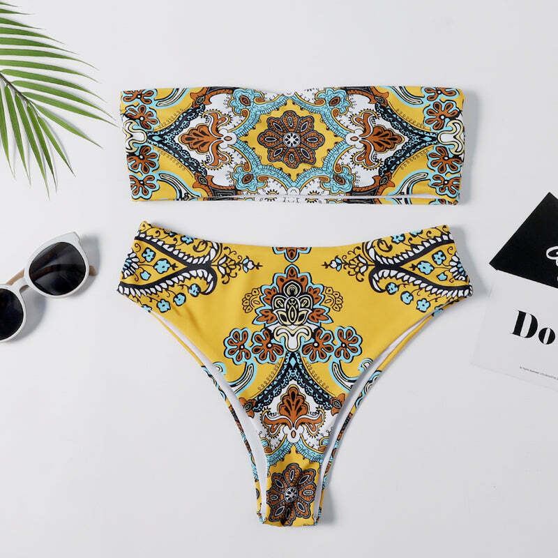 Y2K Retro Print Bandeau Bikini Set - Vintage-inspired Swimwear for Women
