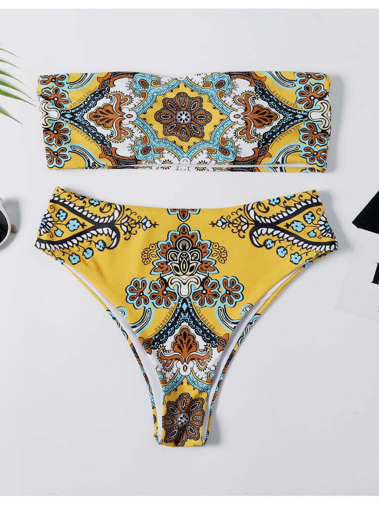 Y2K Retro Print Bandeau Bikini Set - Vintage-inspired Swimwear for Women
