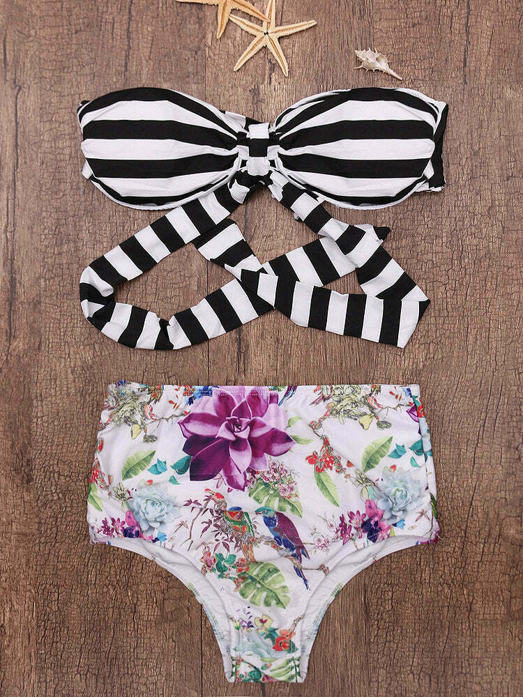 Y2K Retro Striped Halter Bikini Set - Coquette Aesthetic Swimwear for Women