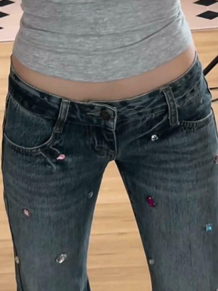 Y2K Rhinestone Low Rise Boyfriend Jeans - Vintage Aesthetic Denim for Women