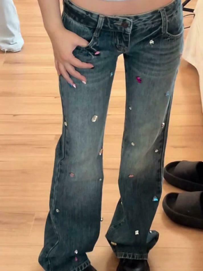 Y2K Rhinestone Low Rise Boyfriend Jeans - Vintage Aesthetic Denim for Women