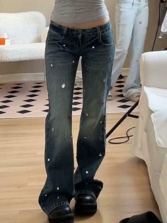 Y2K Rhinestone Low Rise Boyfriend Jeans - Vintage Aesthetic Denim for Women