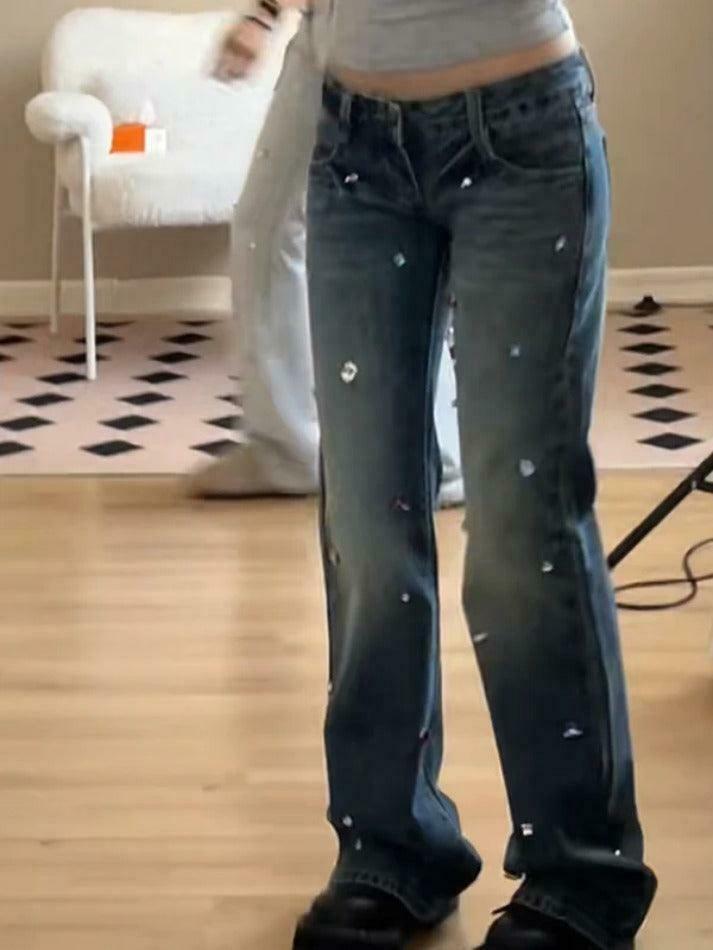 Y2K Rhinestone Low Rise Boyfriend Jeans - Vintage Aesthetic Denim for Women